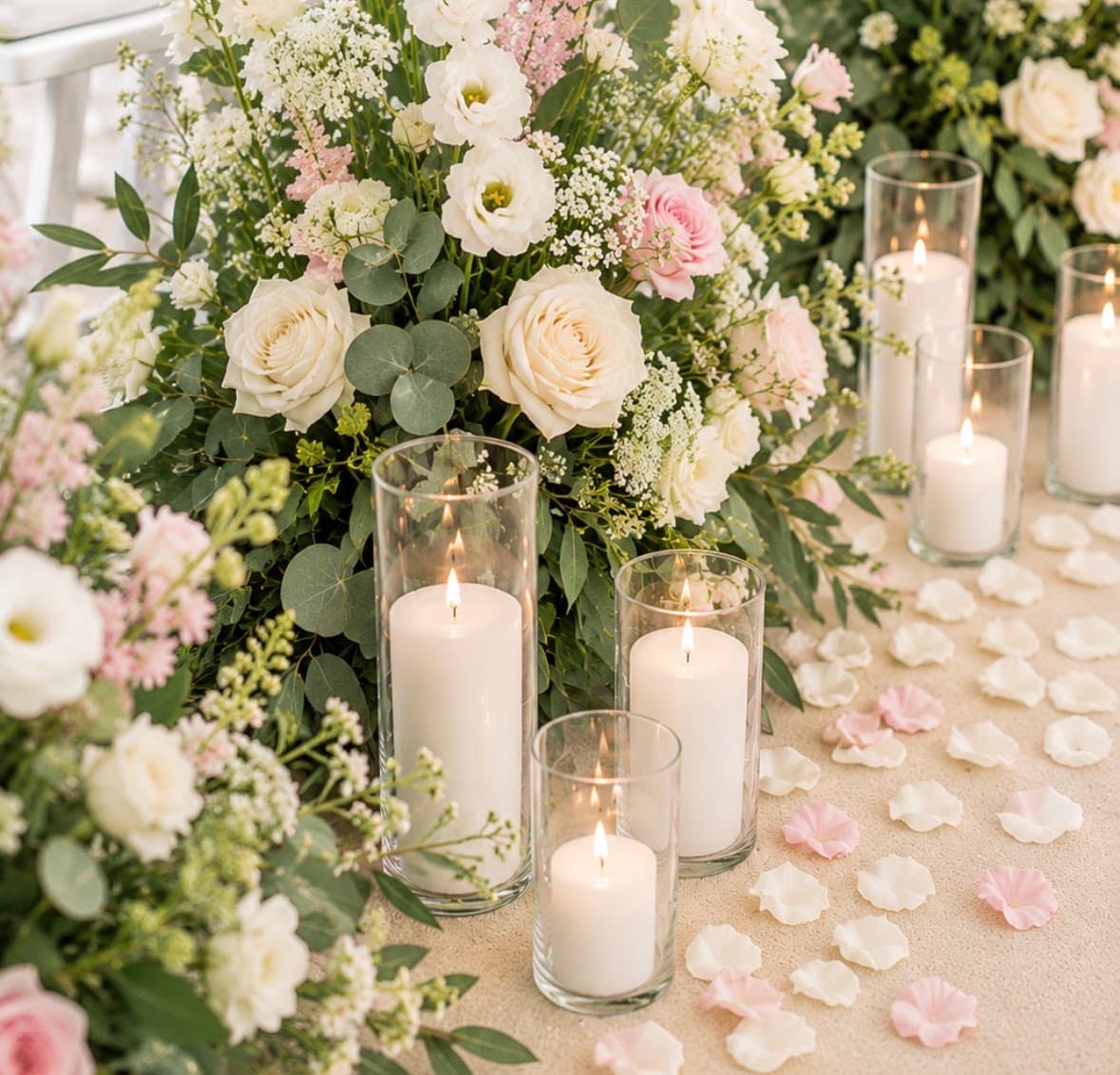 LED candles arranged for wedding ceremony ambiance