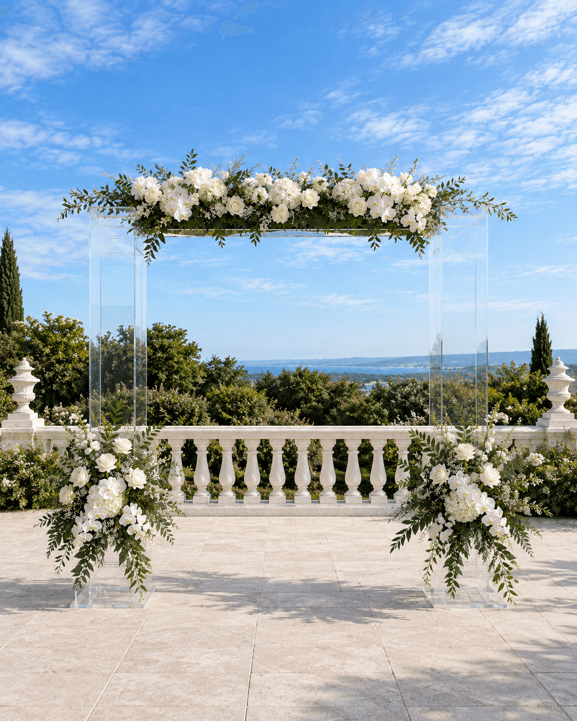 Clear acrylic wedding arch styled with florals for a modern ceremony