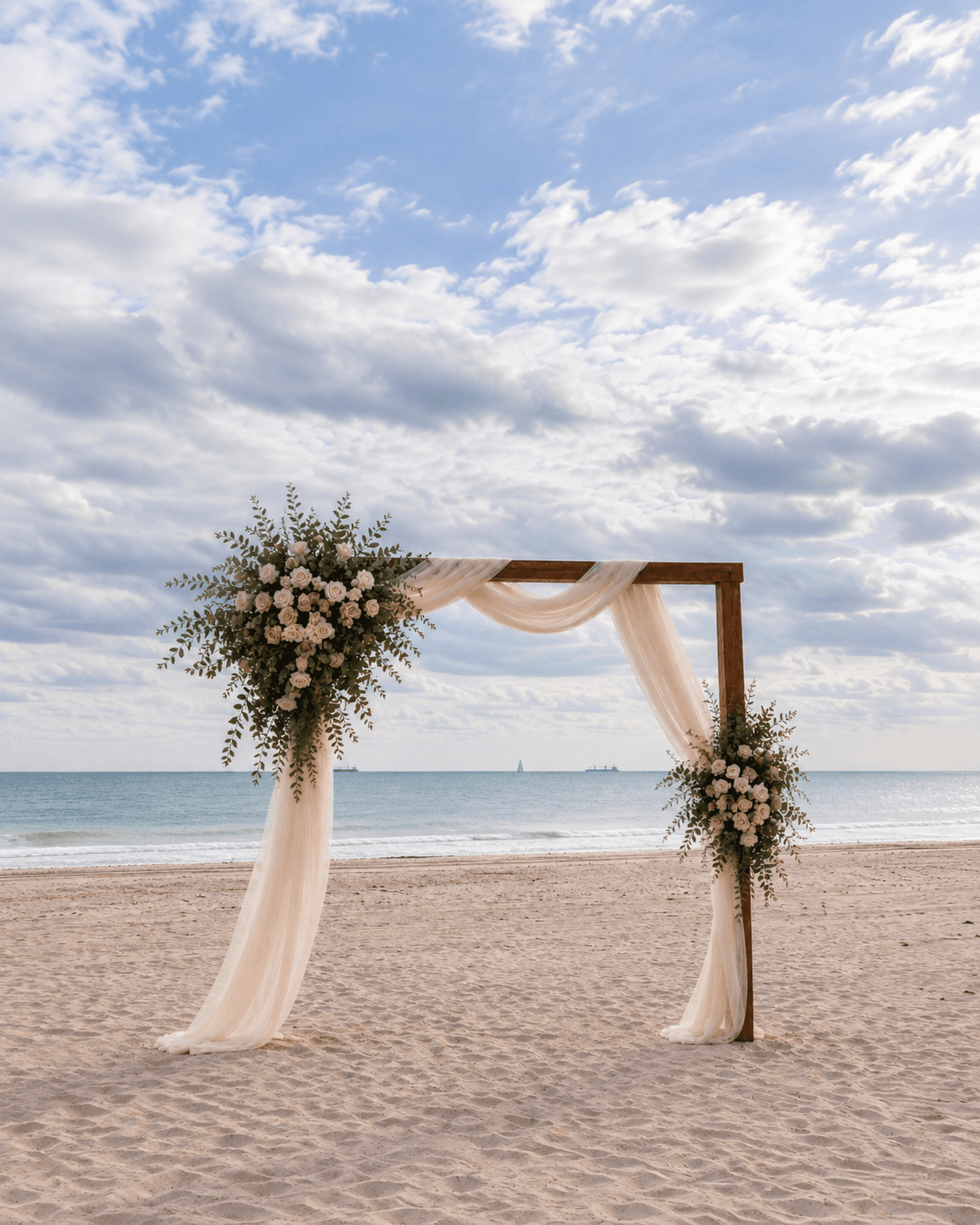 Cedar wood wedding arch with a natural finish in an outdoor setting