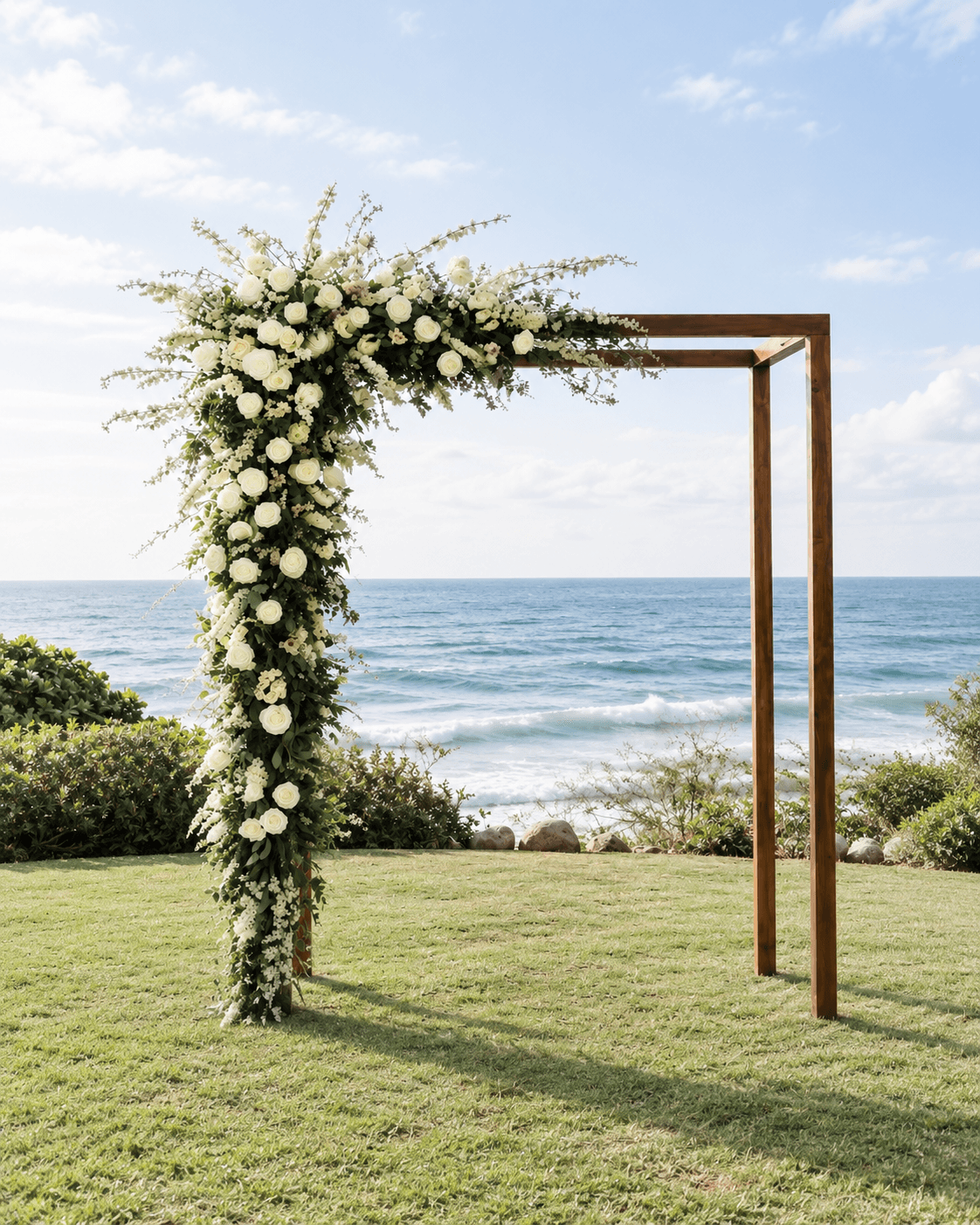 Cedar chuppah with natural wood finish set up for an outdoor ceremony