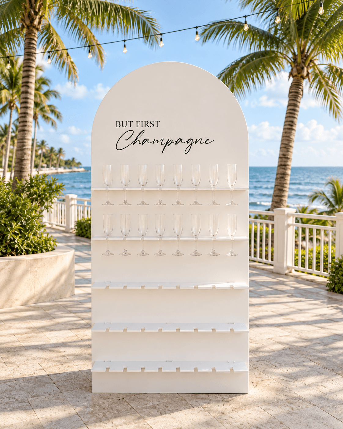 Champagne wall with glasses ready for ceremony toasts