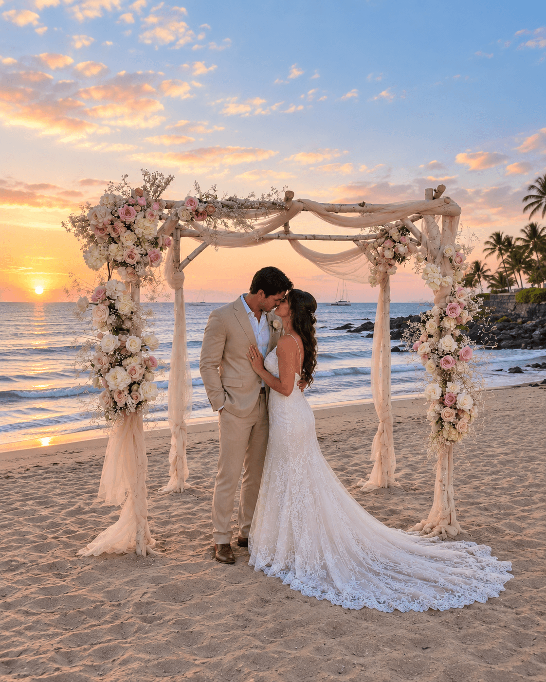 Rustic circular wooden wedding arch with a rich natural wood finish