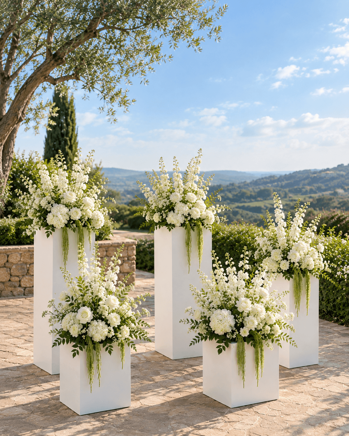 White display pedestals used for floral arrangements and ceremony styling