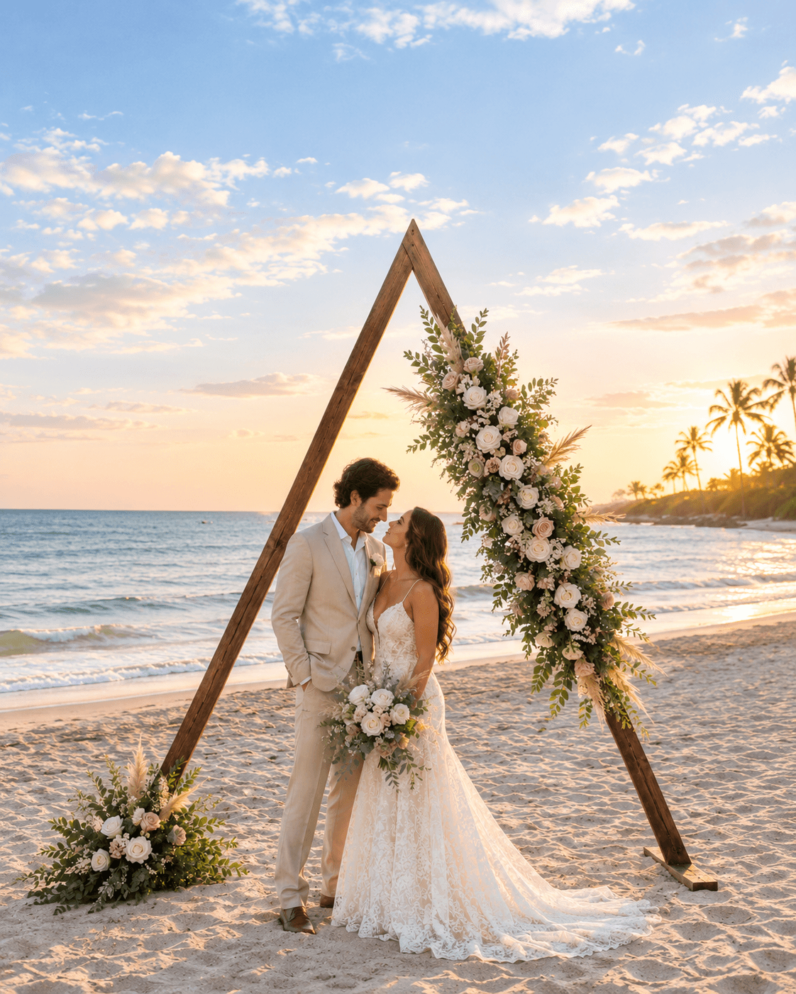 Modern triangle-shaped wooden wedding arch with a contemporary design
