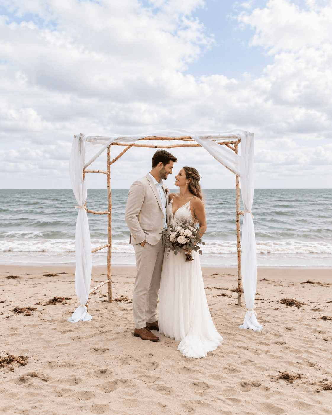 White birch wood arch with natural birch frame for a rustic wedding