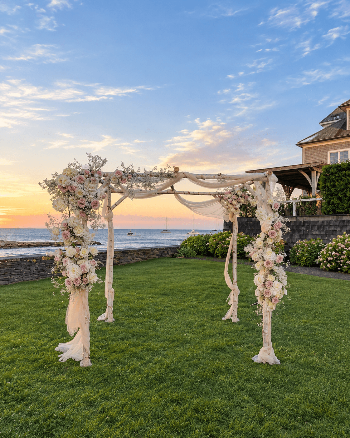 White birch chuppah with natural birch wood posts and top beam