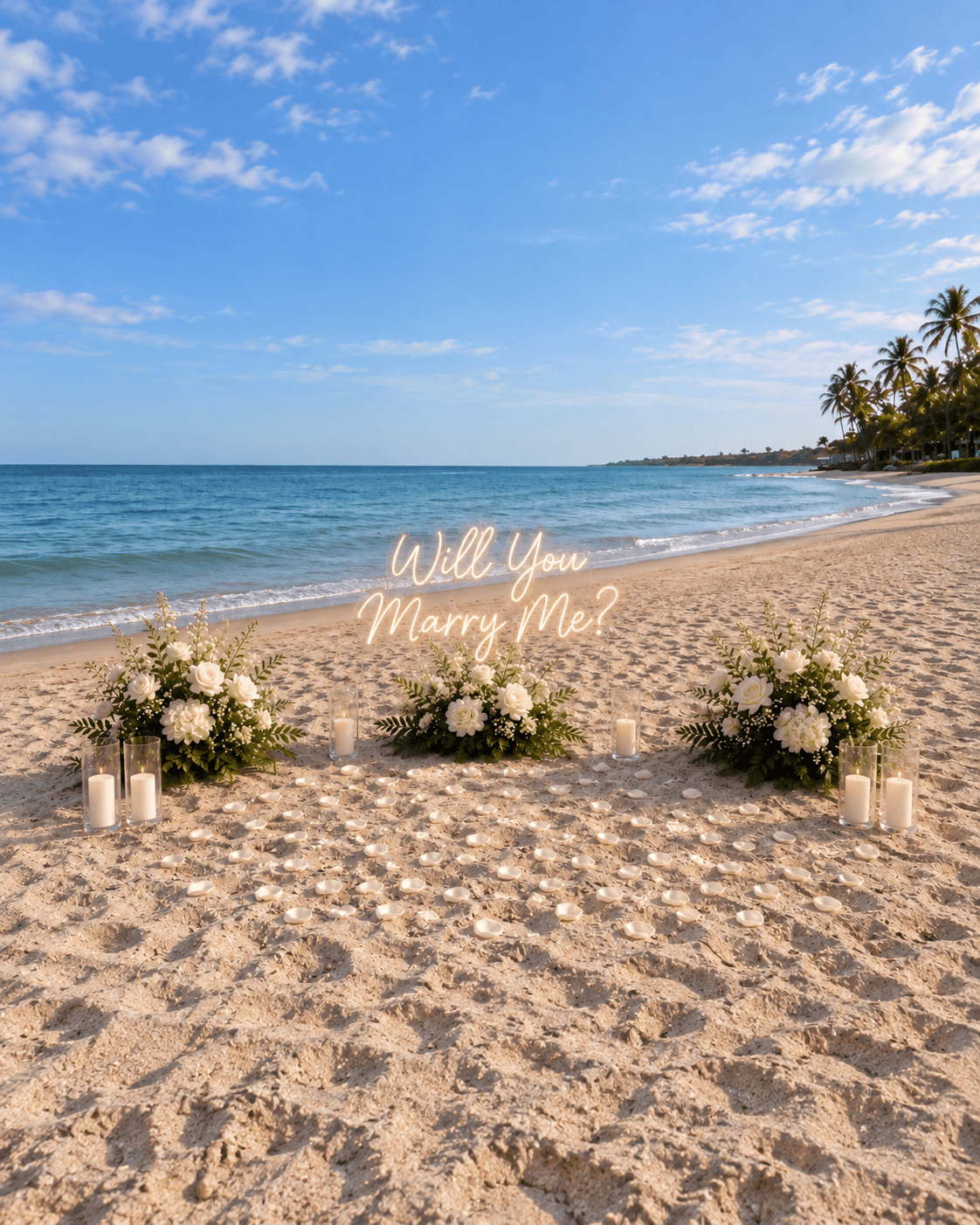 Enchanted beach proposal with faux florals, rose petals, and LED candlelight