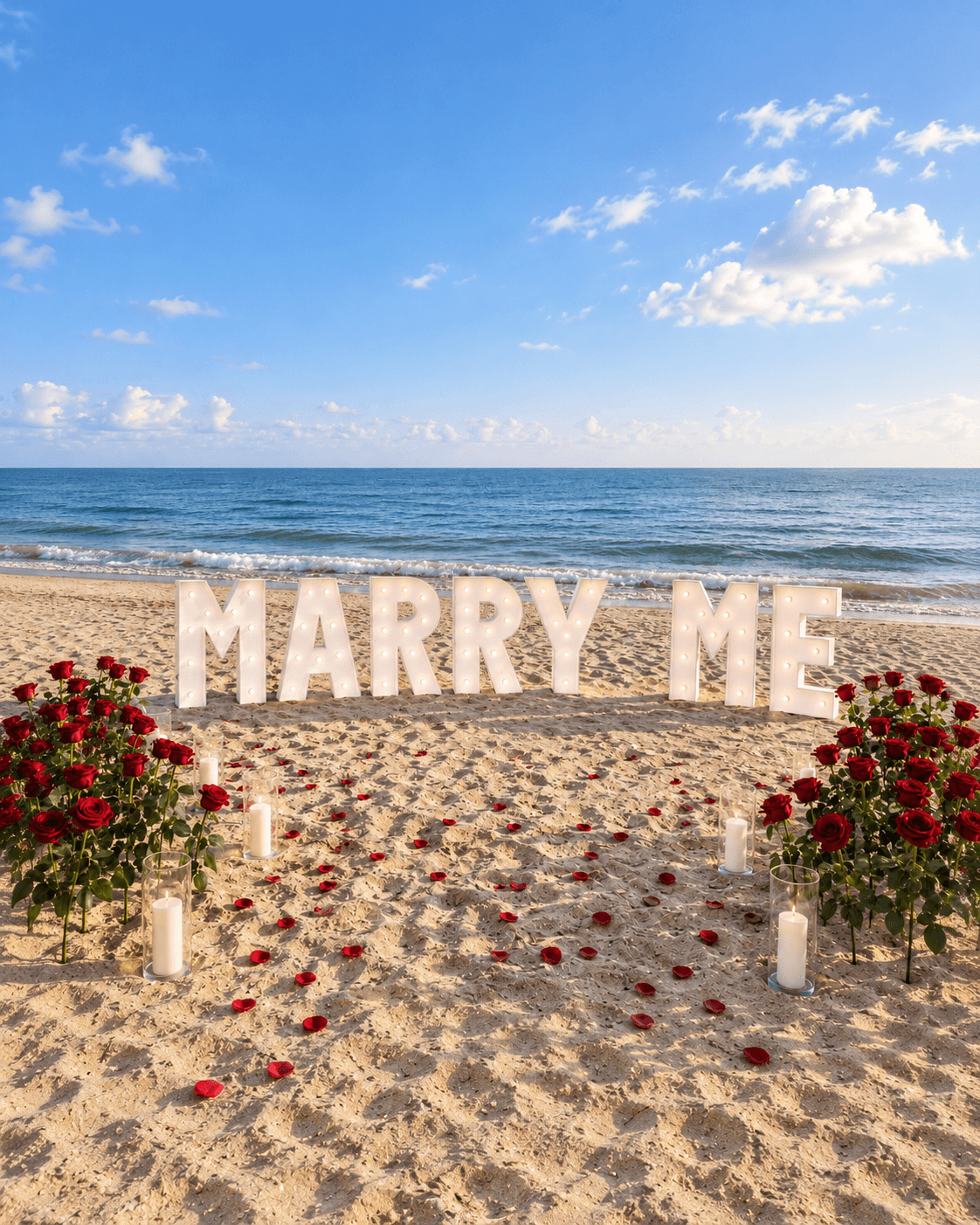 Illuminated 4ft MARRY ME marquee letters on the beach with floral décor and candlelight