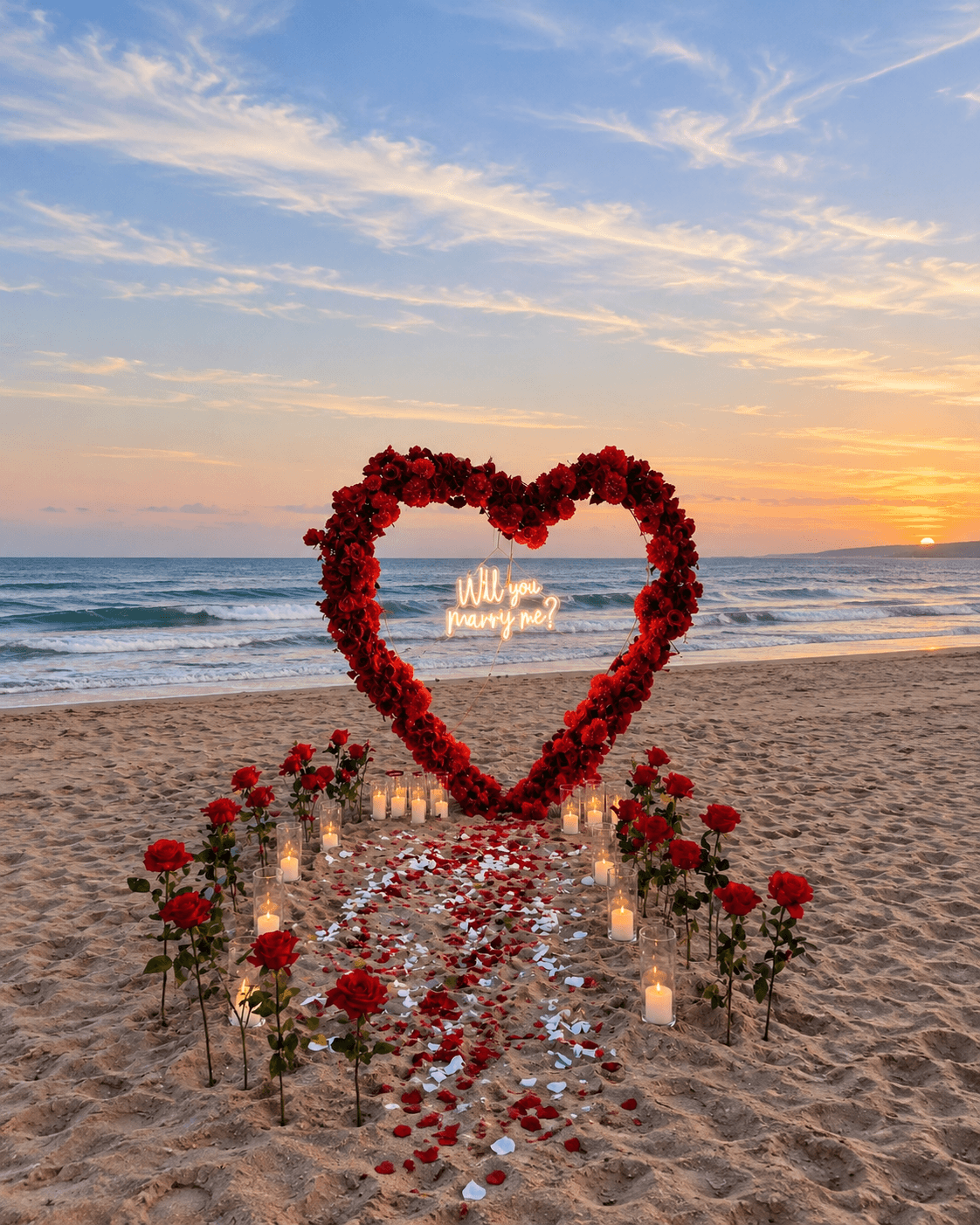 Heart-shaped rose arch proposal setup with neon Will You Marry Me sign on the beach