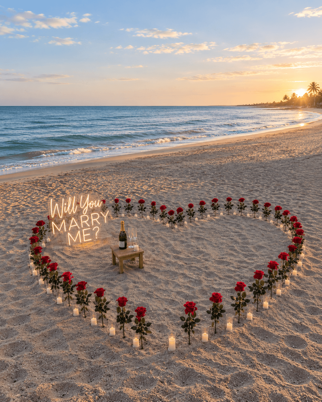 Fresh roses arranged in a heart shape along the shoreline for a beach proposal